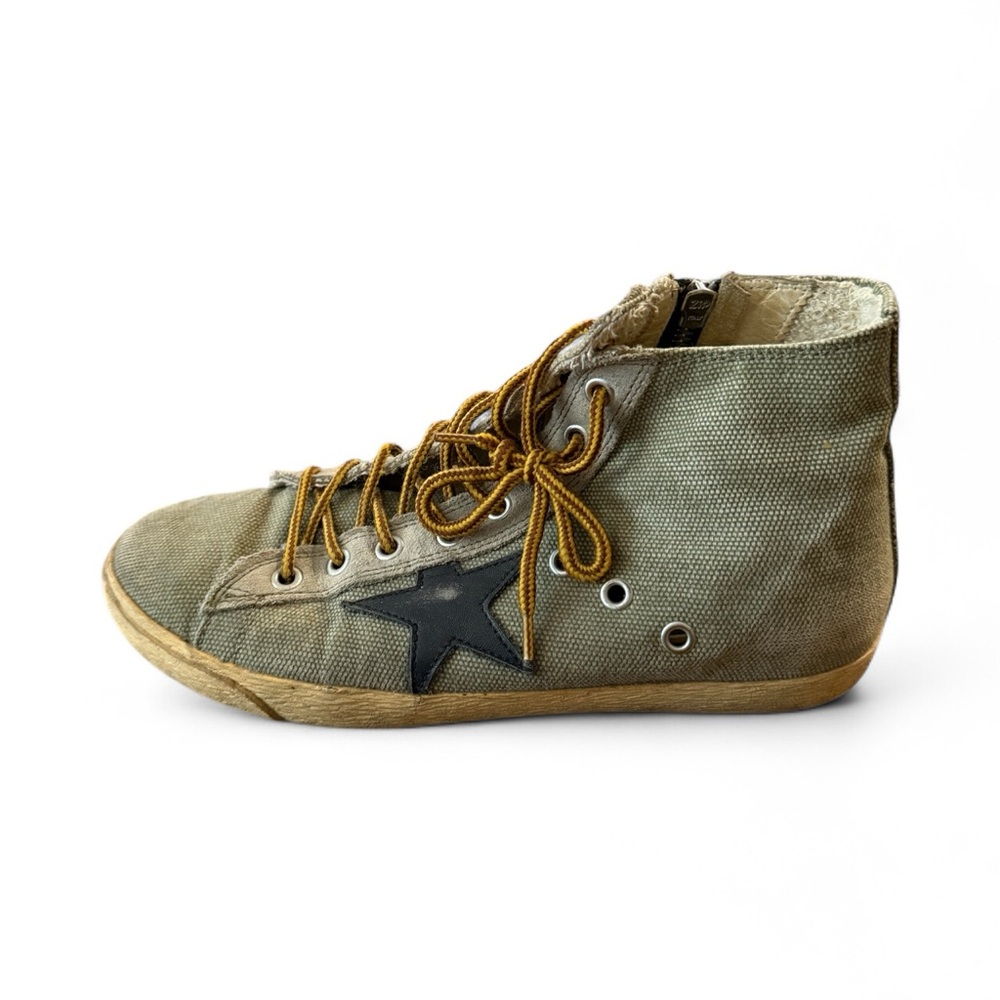 Golden Goose ICONIC Green Canvas High-Top Sneakers with Black Star and Side Zip